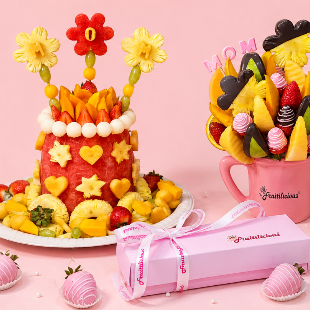 Mother’s Day fruit gifts Mumbai – chocolate covered strawberries bouquet and watermelon fruit cake arrangement