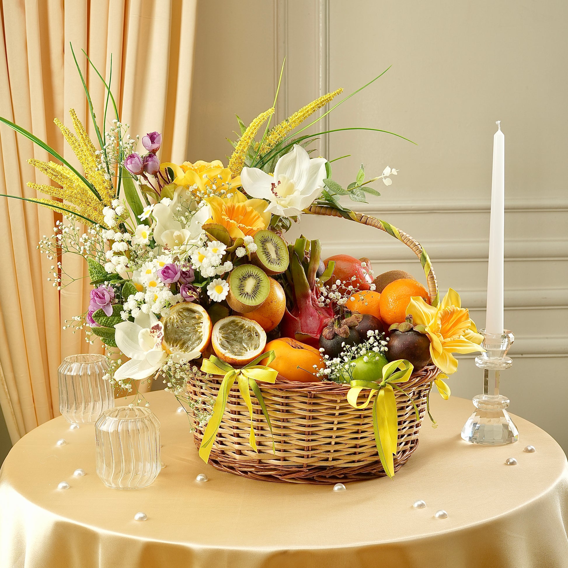 Premium Exotic Bloom Basket with fresh tropical fruits, floral accents, and luxury gifting presentation by Fruitilicious.